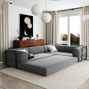 English Elm U_style Modular Corduroy Sectional Sofa with Industrial Frame Converts to Sleeper Grey WY000537AAE