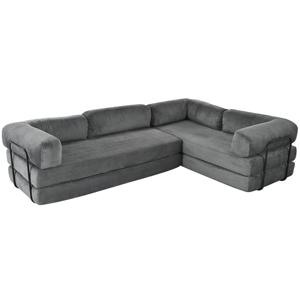 English Elm U_style Modular Corduroy Sectional Sofa with Industrial Frame Converts to Sleeper Grey WY000537AAE