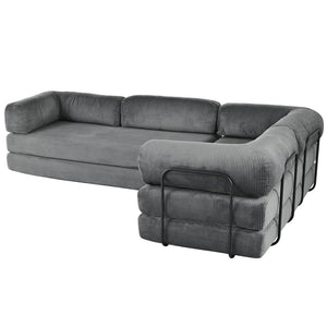 English Elm U_style Modular Corduroy Sectional Sofa with Industrial Frame Converts to Sleeper Grey WY000537AAE