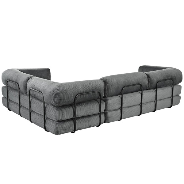 English Elm U_style Modular Corduroy Sectional Sofa with Industrial Frame Converts to Sleeper Grey WY000537AAE