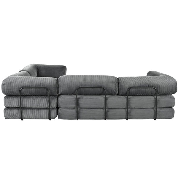 English Elm U_style Modular Corduroy Sectional Sofa with Industrial Frame Converts to Sleeper Grey WY000537AAE