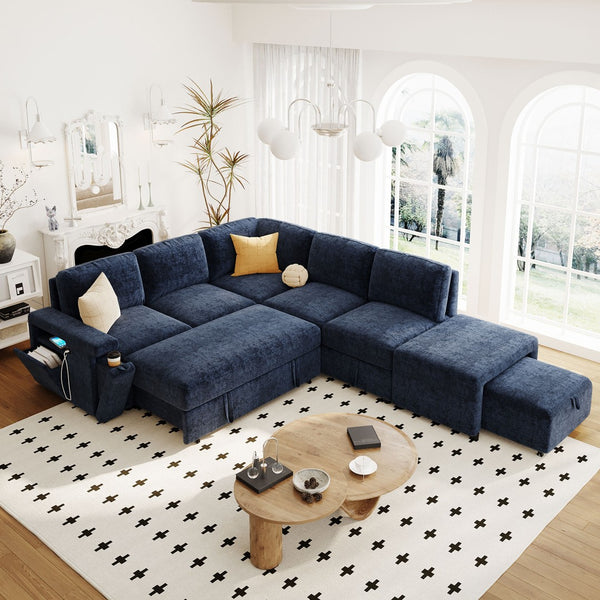 English Elm U_style Modular Chenille Sectional Sleeper Sofa with Storage and Usb Charging Ports Blue WY000538AAC