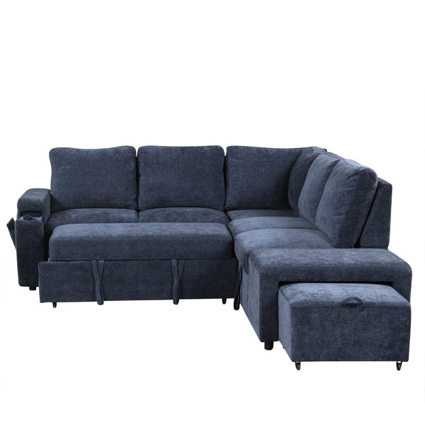 English Elm U_style Modular Chenille Sectional Sleeper Sofa with Storage and Usb Charging Ports Blue WY000538AAC