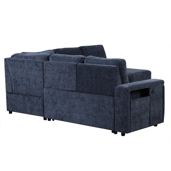 English Elm U_style Modular Chenille Sectional Sleeper Sofa with Storage and Usb Charging Ports Blue WY000538AAC