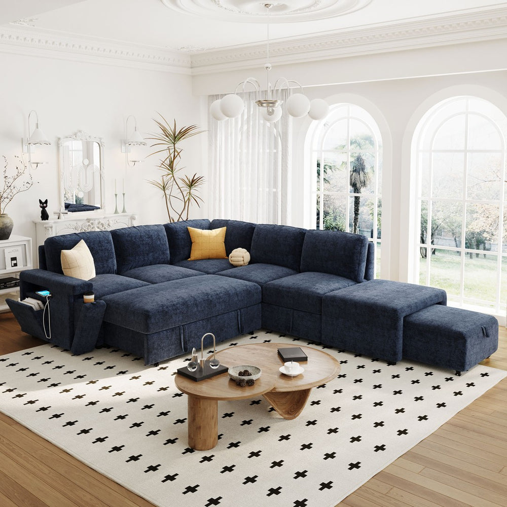 English Elm U_style Modular Chenille Sectional Sleeper Sofa with Storage and Usb Charging Ports Blue WY000538AAC