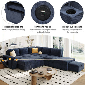 English Elm U_style Modular Chenille Sectional Sleeper Sofa with Storage and Usb Charging Ports Blue WY000538AAC