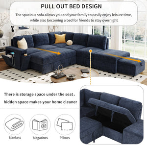English Elm U_style Modular Chenille Sectional Sleeper Sofa with Storage and Usb Charging Ports Blue WY000538AAC