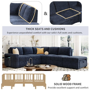 English Elm U_style Modular Chenille Sectional Sleeper Sofa with Storage and Usb Charging Ports Blue WY000538AAC