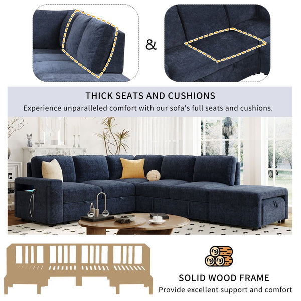 English Elm U_style Modular Chenille Sectional Sleeper Sofa with Storage and Usb Charging Ports Blue WY000538AAC