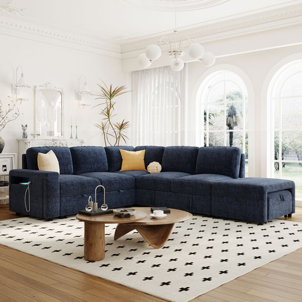 English Elm U_style Modular Chenille Sectional Sleeper Sofa with Storage and Usb Charging Ports Blue WY000538AAC