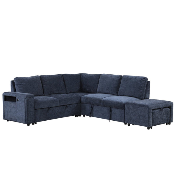 English Elm U_style Modular Chenille Sectional Sleeper Sofa with Storage and Usb Charging Ports Blue WY000538AAC