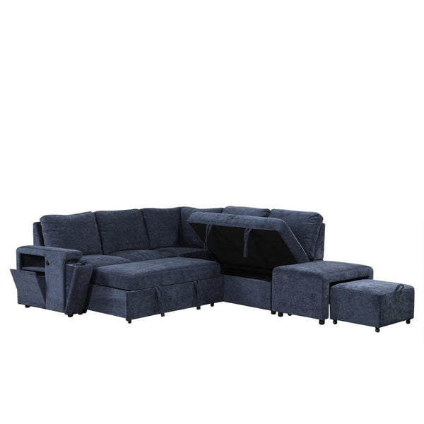 English Elm U_style Modular Chenille Sectional Sleeper Sofa with Storage and Usb Charging Ports Blue WY000538AAC