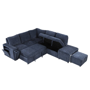 English Elm U_style Modular Chenille Sectional Sleeper Sofa with Storage and Usb Charging Ports Blue WY000538AAC