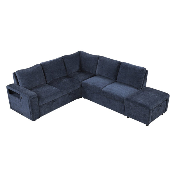 English Elm U_style Modular Chenille Sectional Sleeper Sofa with Storage and Usb Charging Ports Blue WY000538AAC