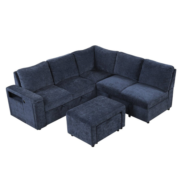 English Elm U_style Modular Chenille Sectional Sleeper Sofa with Storage and Usb Charging Ports Blue WY000538AAC