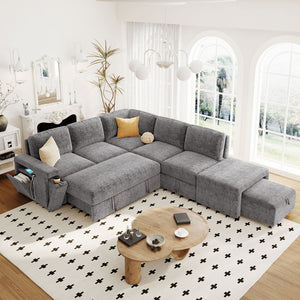 English Elm U_style Modular Chenille Sectional Sleeper Sofa with Storage and Usb Charging Ports Gray WY000538AAE