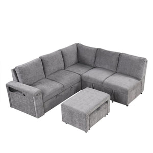 English Elm U_style Modular Chenille Sectional Sleeper Sofa with Storage and Usb Charging Ports Gray WY000538AAE
