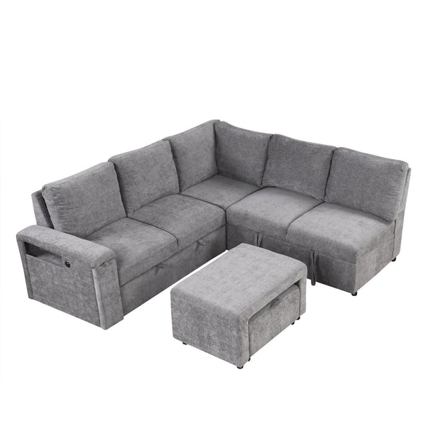 English Elm U_style Modular Chenille Sectional Sleeper Sofa with Storage and Usb Charging Ports Gray WY000538AAE