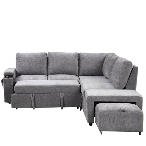 English Elm U_style Modular Chenille Sectional Sleeper Sofa with Storage and Usb Charging Ports Gray WY000538AAE