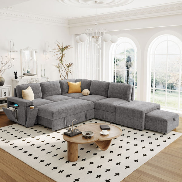 English Elm U_style Modular Chenille Sectional Sleeper Sofa with Storage and Usb Charging Ports Gray WY000538AAE