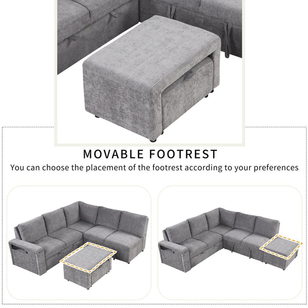 English Elm U_style Modular Chenille Sectional Sleeper Sofa with Storage and Usb Charging Ports Gray WY000538AAE
