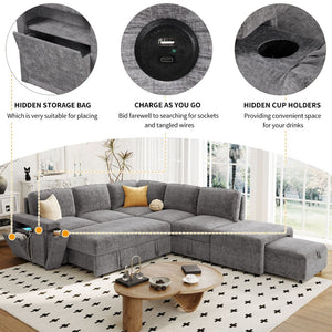 English Elm U_style Modular Chenille Sectional Sleeper Sofa with Storage and Usb Charging Ports Gray WY000538AAE