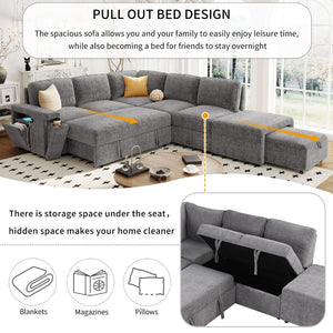 English Elm U_style Modular Chenille Sectional Sleeper Sofa with Storage and Usb Charging Ports Gray WY000538AAE