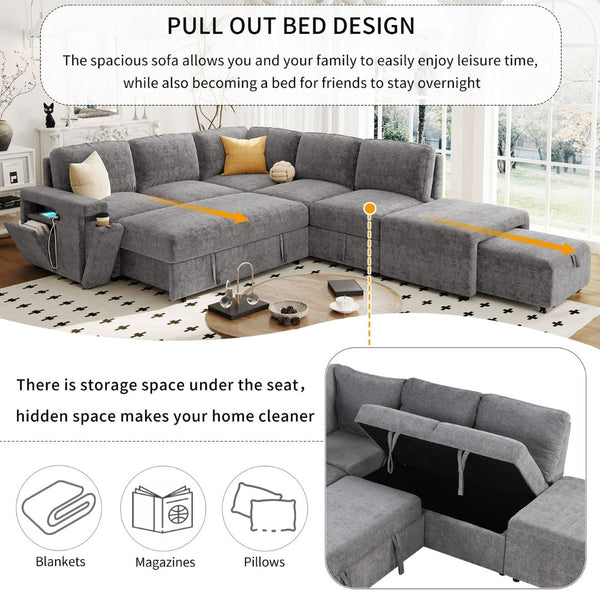 English Elm U_style Modular Chenille Sectional Sleeper Sofa with Storage and Usb Charging Ports Gray WY000538AAE