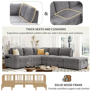 English Elm U_style Modular Chenille Sectional Sleeper Sofa with Storage and Usb Charging Ports Gray WY000538AAE