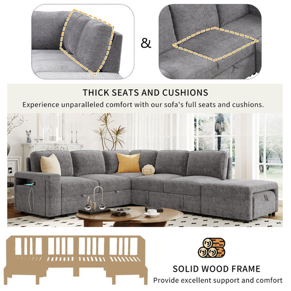 English Elm U_style Modular Chenille Sectional Sleeper Sofa with Storage and Usb Charging Ports Gray WY000538AAE