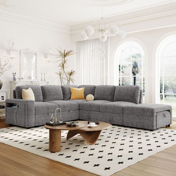 English Elm U_style Modular Chenille Sectional Sleeper Sofa with Storage and Usb Charging Ports Gray WY000538AAE