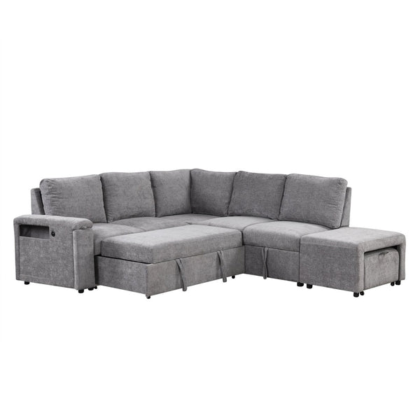 English Elm U_style Modular Chenille Sectional Sleeper Sofa with Storage and Usb Charging Ports Gray WY000538AAE