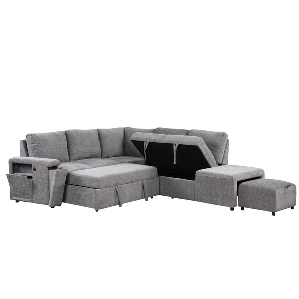 English Elm U_style Modular Chenille Sectional Sleeper Sofa with Storage and Usb Charging Ports Gray WY000538AAE
