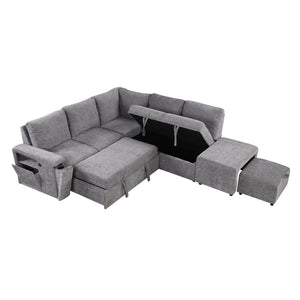 English Elm U_style Modular Chenille Sectional Sleeper Sofa with Storage and Usb Charging Ports Gray WY000538AAE