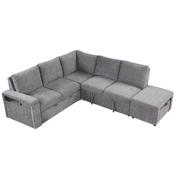 English Elm U_style Modular Chenille Sectional Sleeper Sofa with Storage and Usb Charging Ports Gray WY000538AAE