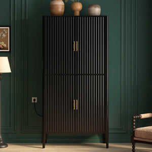 English Elm U_style Fluted Bar Cabinet with Led Lighting Stemware Rack and Mirror Interior Display Black WY000539AAB