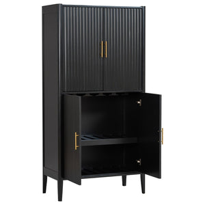 English Elm U_style Fluted Bar Cabinet with Led Lighting Stemware Rack and Mirror Interior Display Black WY000539AAB
