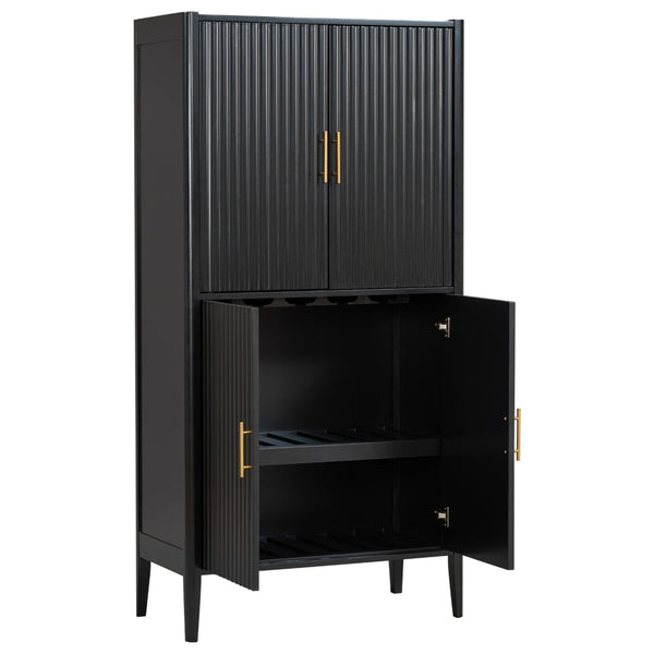 English Elm U_style Fluted Bar Cabinet with Led Lighting Stemware Rack and Mirror Interior Display Black WY000539AAB