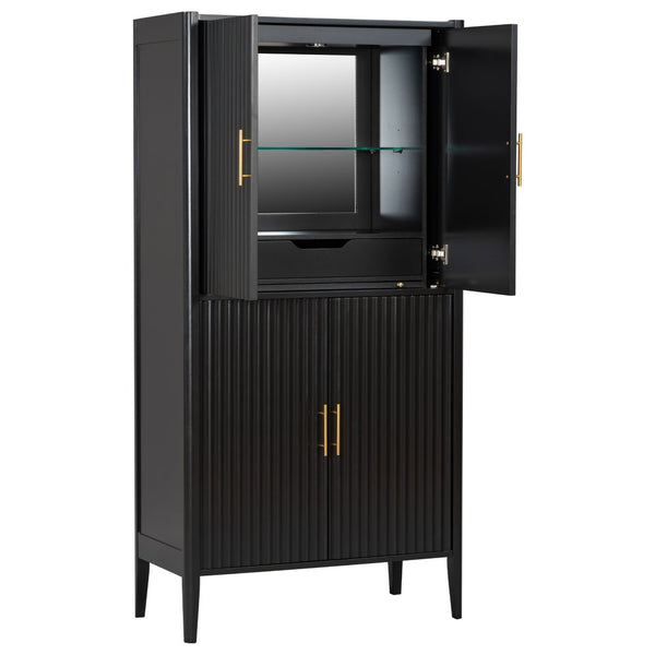 English Elm U_style Fluted Bar Cabinet with Led Lighting Stemware Rack and Mirror Interior Display Black WY000539AAB