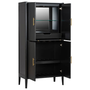 English Elm U_style Fluted Bar Cabinet with Led Lighting Stemware Rack and Mirror Interior Display Black WY000539AAB