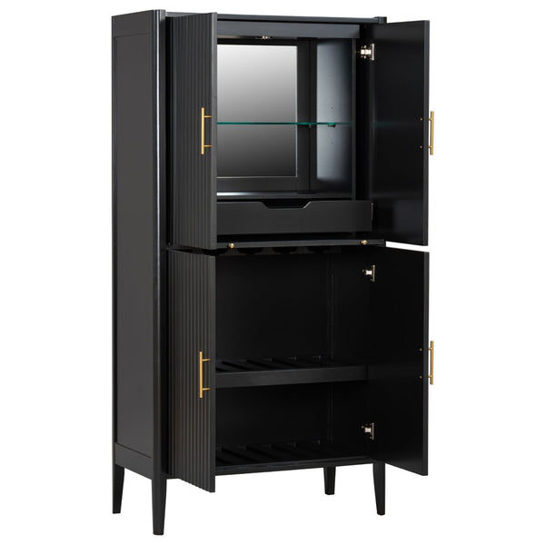 English Elm U_style Fluted Bar Cabinet with Led Lighting Stemware Rack and Mirror Interior Display Black WY000539AAB