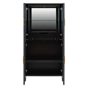 English Elm U_style Fluted Bar Cabinet with Led Lighting Stemware Rack and Mirror Interior Display Black WY000539AAB