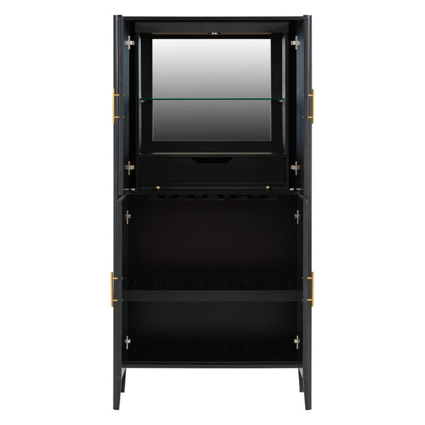 English Elm U_style Fluted Bar Cabinet with Led Lighting Stemware Rack and Mirror Interior Display Black WY000539AAB