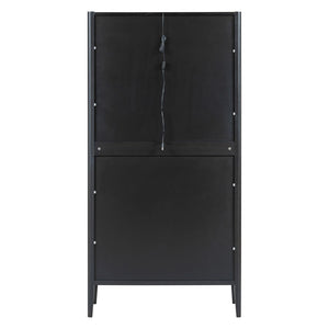 English Elm U_style Fluted Bar Cabinet with Led Lighting Stemware Rack and Mirror Interior Display Black WY000539AAB