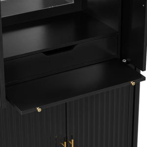 English Elm U_style Fluted Bar Cabinet with Led Lighting Stemware Rack and Mirror Interior Display Black WY000539AAB