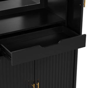 English Elm U_style Fluted Bar Cabinet with Led Lighting Stemware Rack and Mirror Interior Display Black WY000539AAB