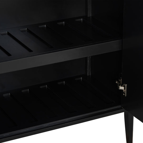 English Elm U_style Fluted Bar Cabinet with Led Lighting Stemware Rack and Mirror Interior Display Black WY000539AAB