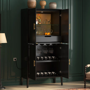 English Elm U_style Fluted Bar Cabinet with Led Lighting Stemware Rack and Mirror Interior Display Black WY000539AAB