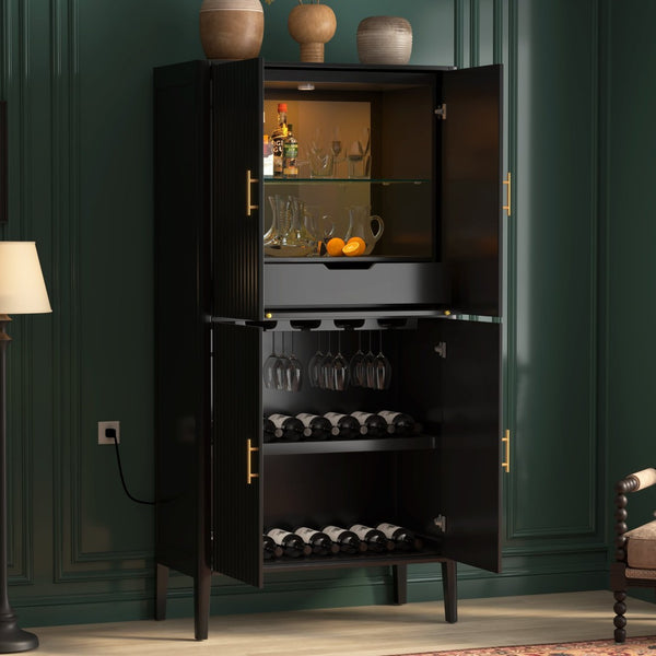 English Elm U_style Fluted Bar Cabinet with Led Lighting Stemware Rack and Mirror Interior Display Black WY000539AAB