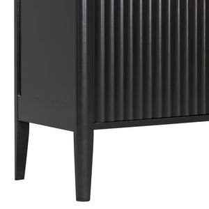 English Elm U_style Fluted Bar Cabinet with Led Lighting Stemware Rack and Mirror Interior Display Black WY000539AAB